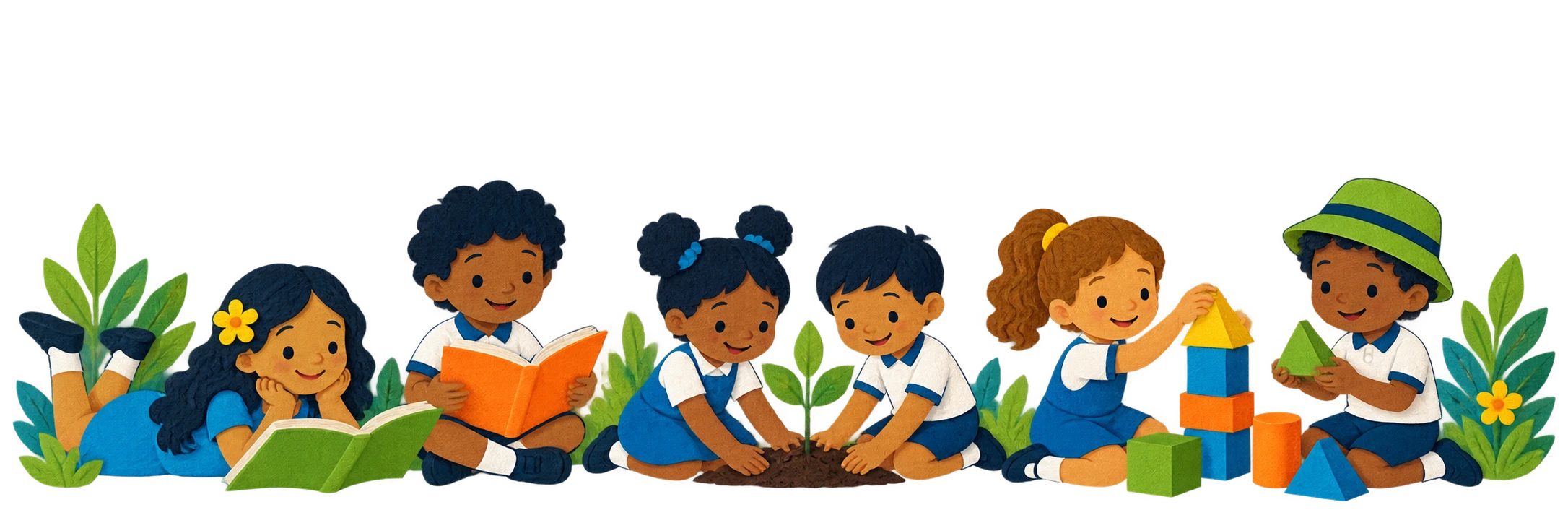 Illustratie van kinderen die samen lezen, bouwen en tuinieren